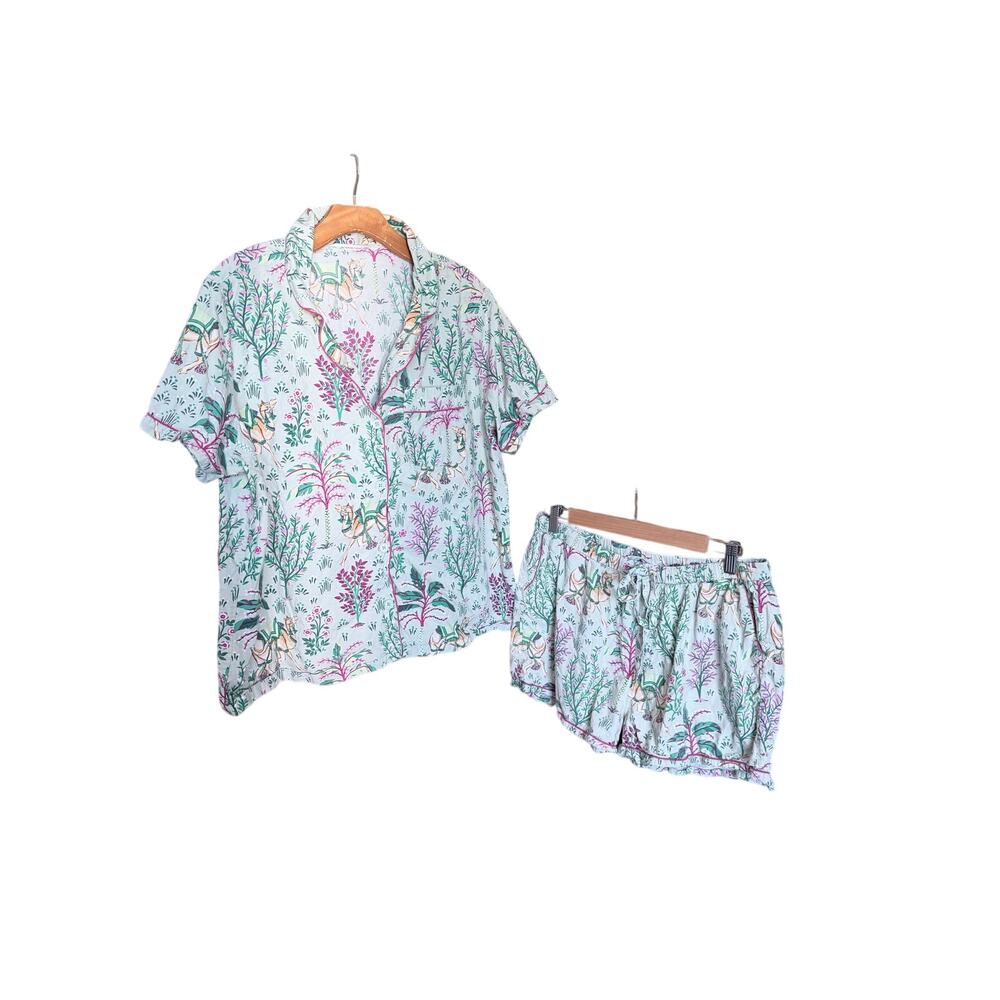 Print fresh 100% organic cotton 2 pc pajama set shorts top large whimsical India